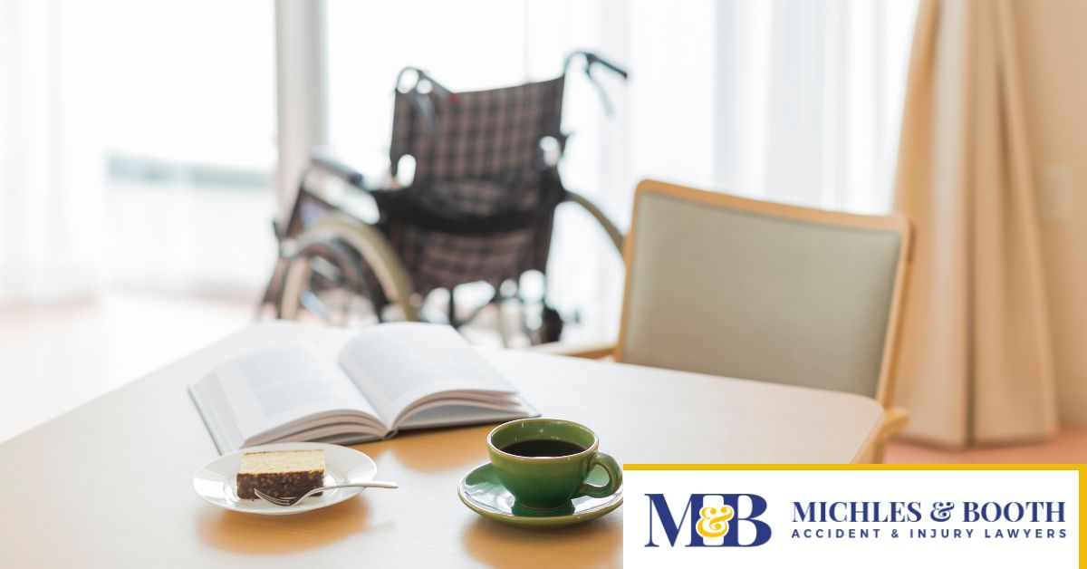 Wheelchair sitting next to window in a nursing home
